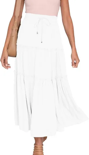 Summer Dresses for Women 2025 Vacation Womens Solid Elastic Long Skirts High Waist Pleated A Line Tiered Maxi Skirt