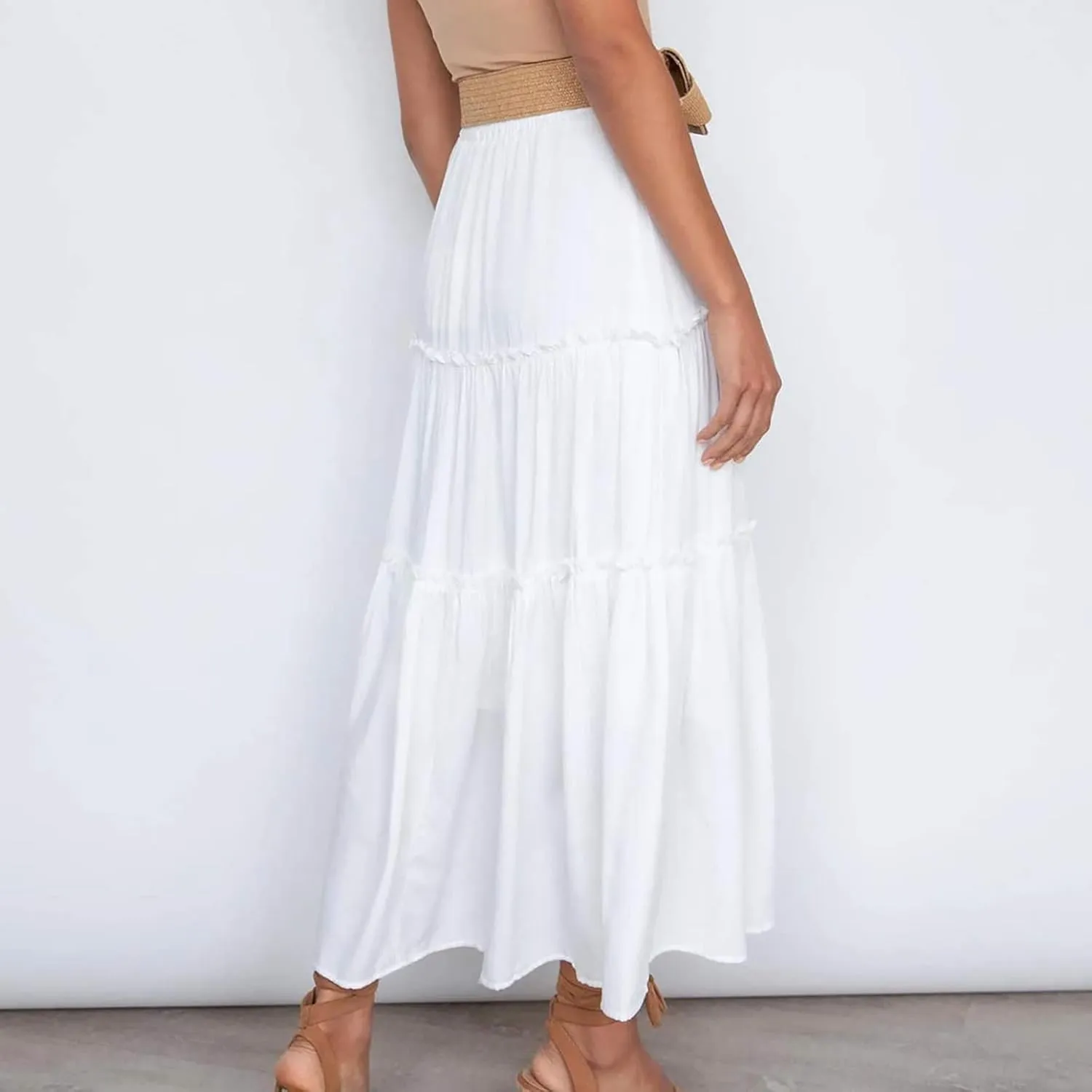 Summer Dresses for Women 2025 Vacation Womens Solid Elastic Long Skirts High Waist Pleated A Line Tiered Maxi Skirt