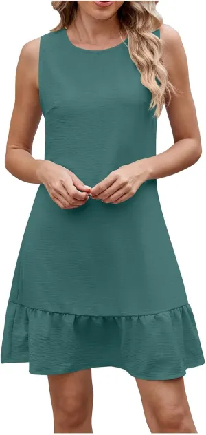 Summer Dresses for Women Casual Sleeveless Flowy Ruffle Hem A Line Mini Tank Dress Tie Backless Beach Vacation Sundress
