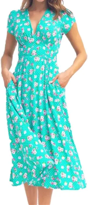 Summer Dresses for Women Floral Midi Wedding Guest Dress Deep V-Neck Short Sleeve Boho Prom Dresses Beach Sundress