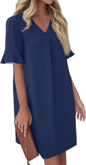 Summer Dresses for Women Ruffle Short Sleeve V Neck Casual Shift Dress with Pockets Beach Vacation Clothes