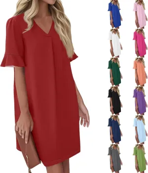 Summer Dresses for Women Ruffle Short Sleeve V Neck Casual Shift Dress with Pockets Beach Vacation Clothes