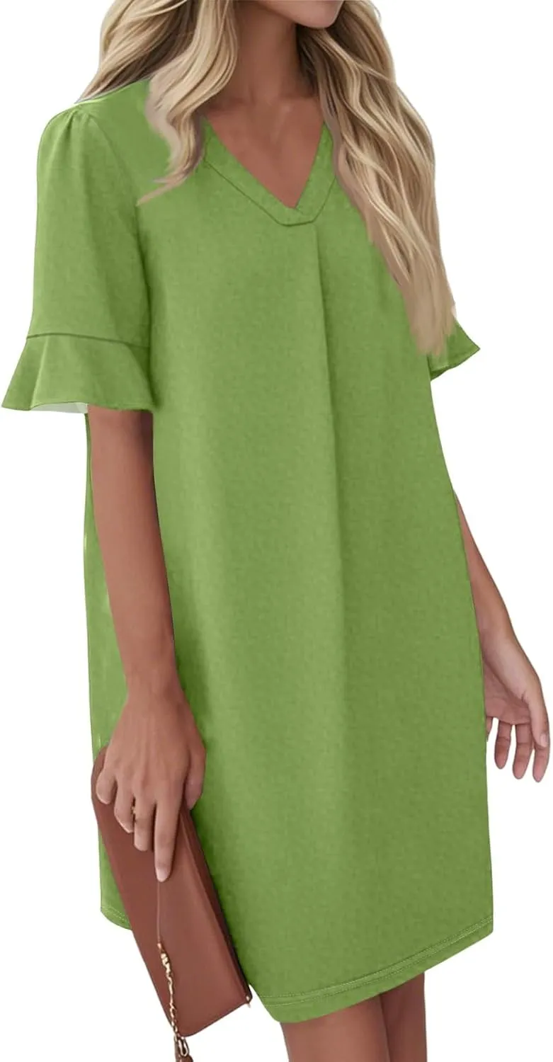 Summer Dresses for Women Ruffle Short Sleeve V Neck Casual Shift Dress with Pockets Beach Vacation Clothes