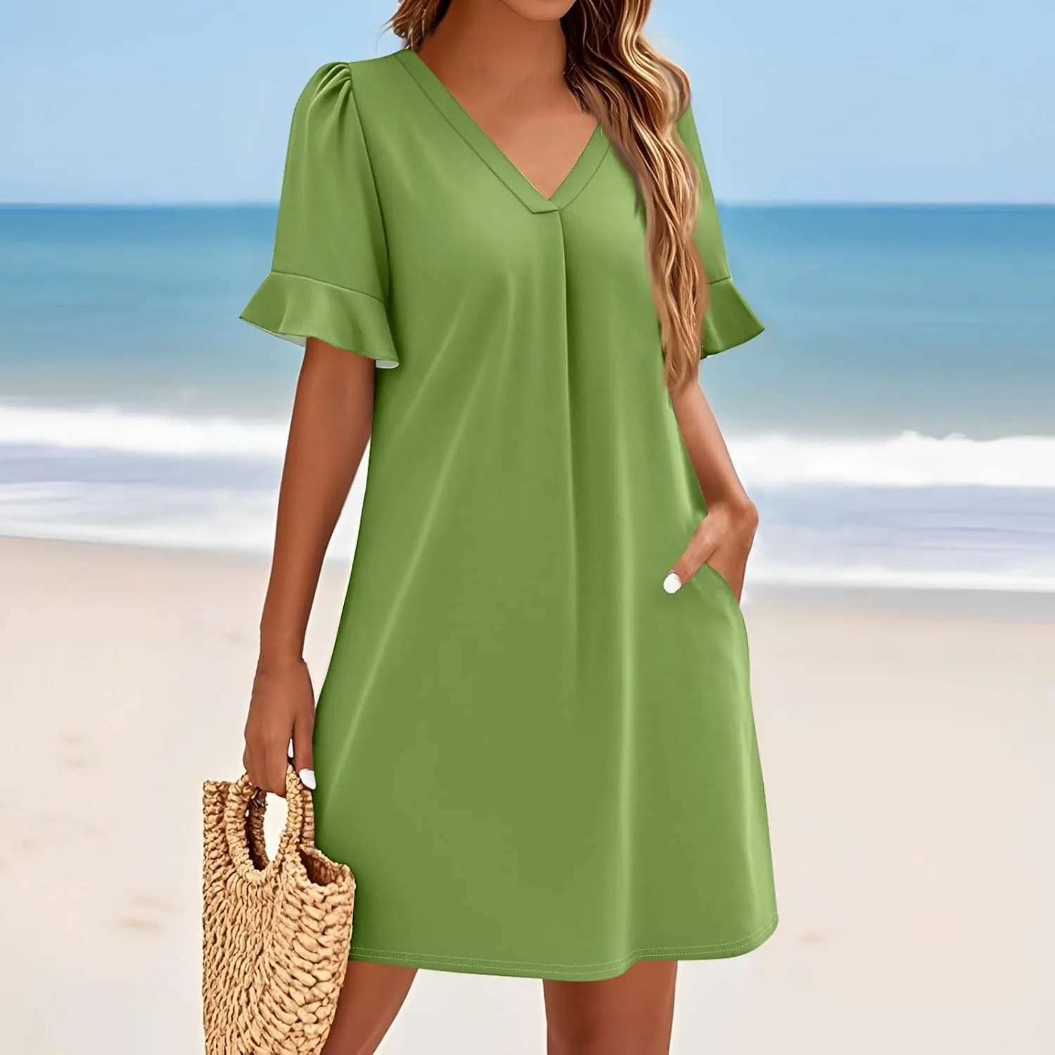 Summer Dresses for Women Ruffle Short Sleeve V Neck Casual Shift Dress with Pockets Beach Vacation Clothes