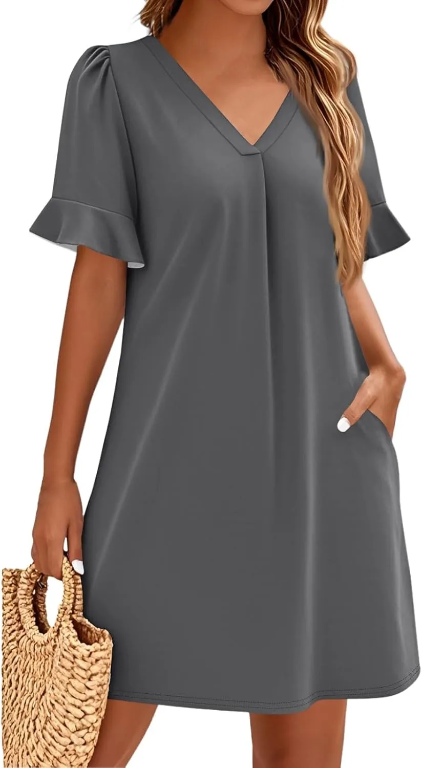Summer Dresses for Women Ruffle Short Sleeve V Neck Casual Shift Dress with Pockets Beach Vacation Clothes