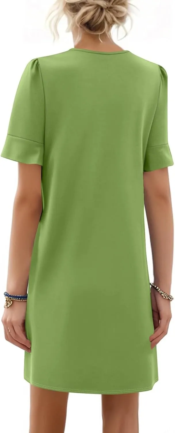 Summer Dresses for Women Ruffle Short Sleeve V Neck Casual Shift Dress with Pockets Beach Vacation Clothes