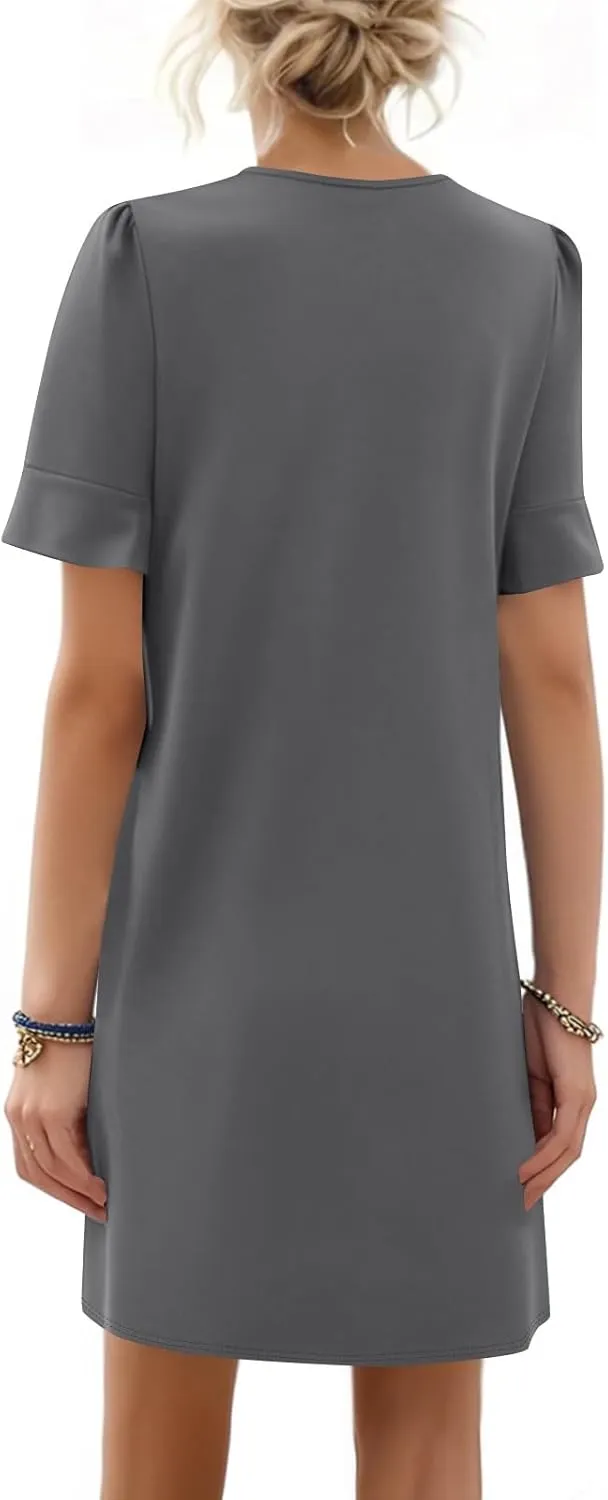 Summer Dresses for Women Ruffle Short Sleeve V Neck Casual Shift Dress with Pockets Beach Vacation Clothes