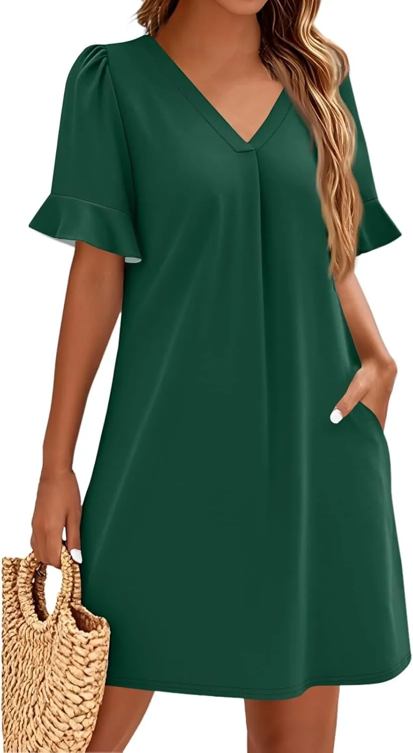 Summer Dresses for Women Ruffle Short Sleeve V Neck Casual Shift Dress with Pockets Beach Vacation Clothes