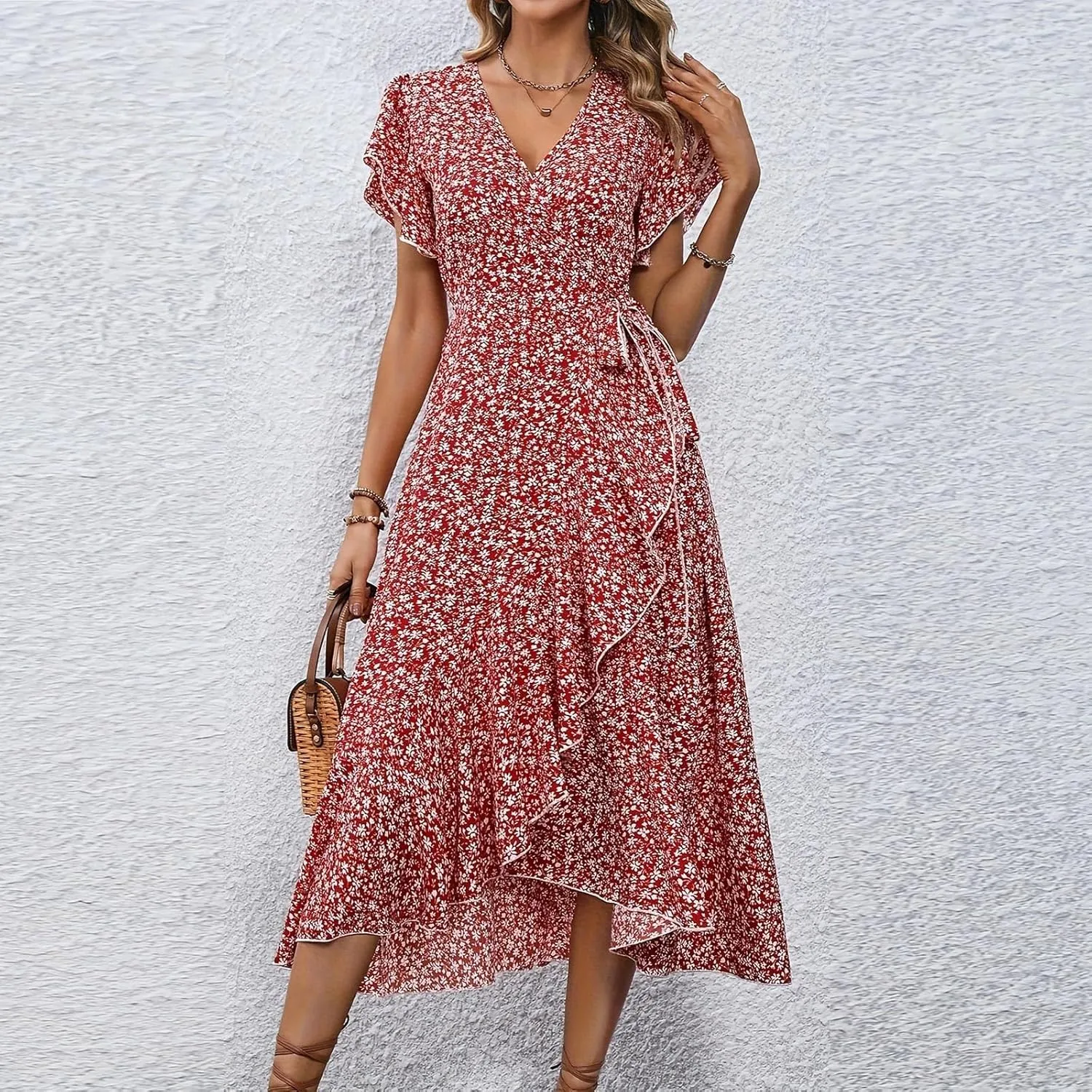 Summer Floral Dresses for Women 2025 Midi Wrap Dress Tie Waist Ruffle Hem V Neck Flutter Short Sleeve Beach Dresses