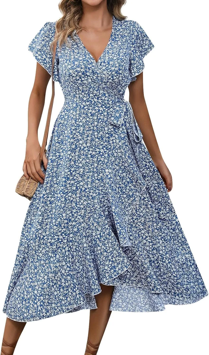 Summer Floral Dresses for Women 2025 Midi Wrap Dress Tie Waist Ruffle Hem V Neck Flutter Short Sleeve Beach Dresses