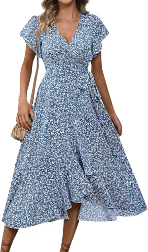 Summer Floral Dresses for Women 2025 Midi Wrap Dress Tie Waist Ruffle Hem V Neck Flutter Short Sleeve Beach Dresses
