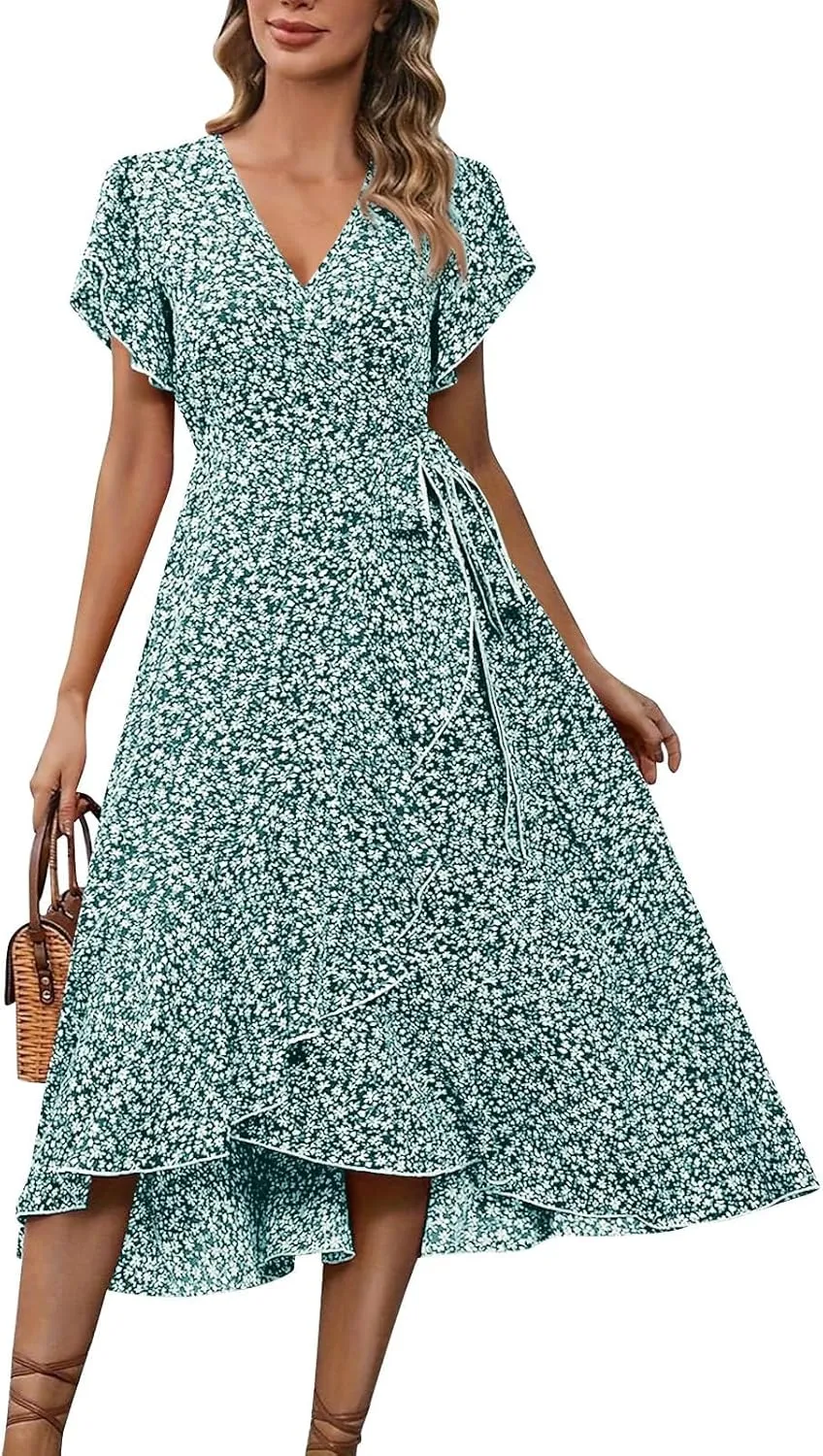 Summer Floral Dresses for Women 2025 Midi Wrap Dress Tie Waist Ruffle Hem V Neck Flutter Short Sleeve Beach Dresses