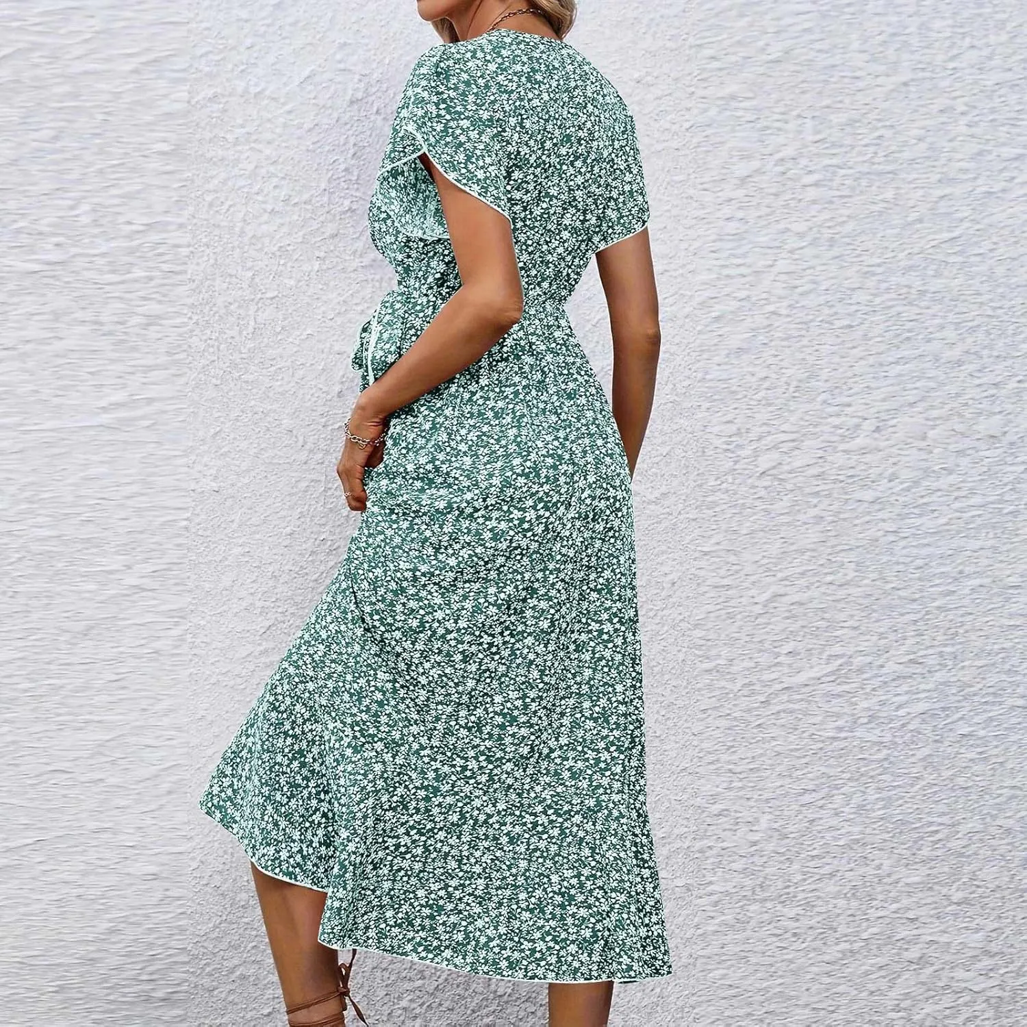 Summer Floral Dresses for Women 2025 Midi Wrap Dress Tie Waist Ruffle Hem V Neck Flutter Short Sleeve Beach Dresses