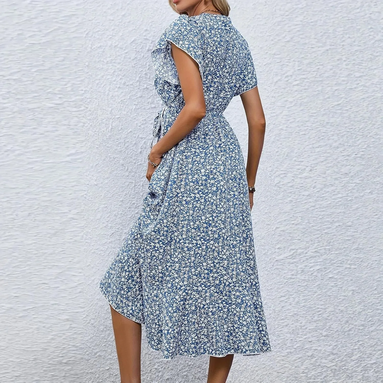 Summer Floral Dresses for Women 2025 Midi Wrap Dress Tie Waist Ruffle Hem V Neck Flutter Short Sleeve Beach Dresses