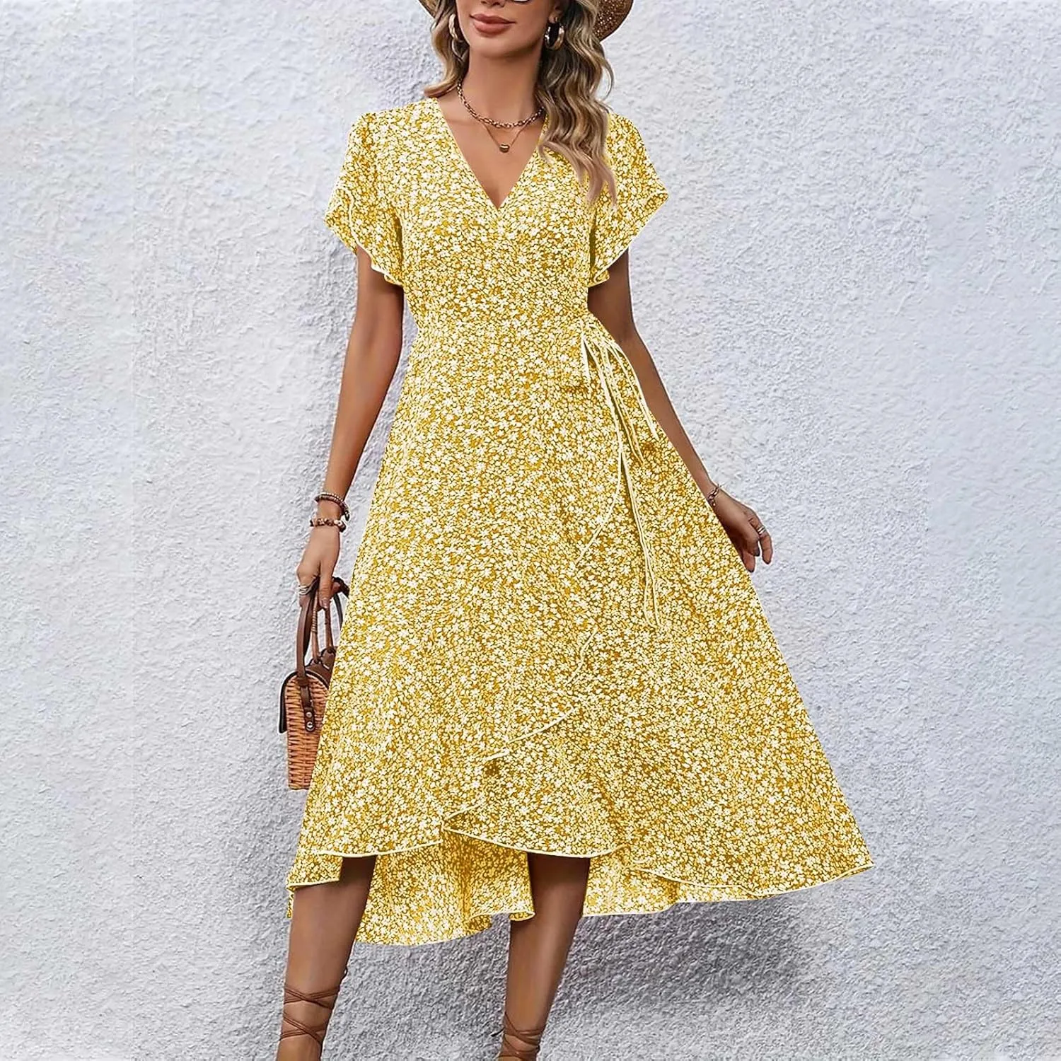 Summer Floral Dresses for Women 2025 Midi Wrap Dress Tie Waist Ruffle Hem V Neck Flutter Short Sleeve Beach Dresses