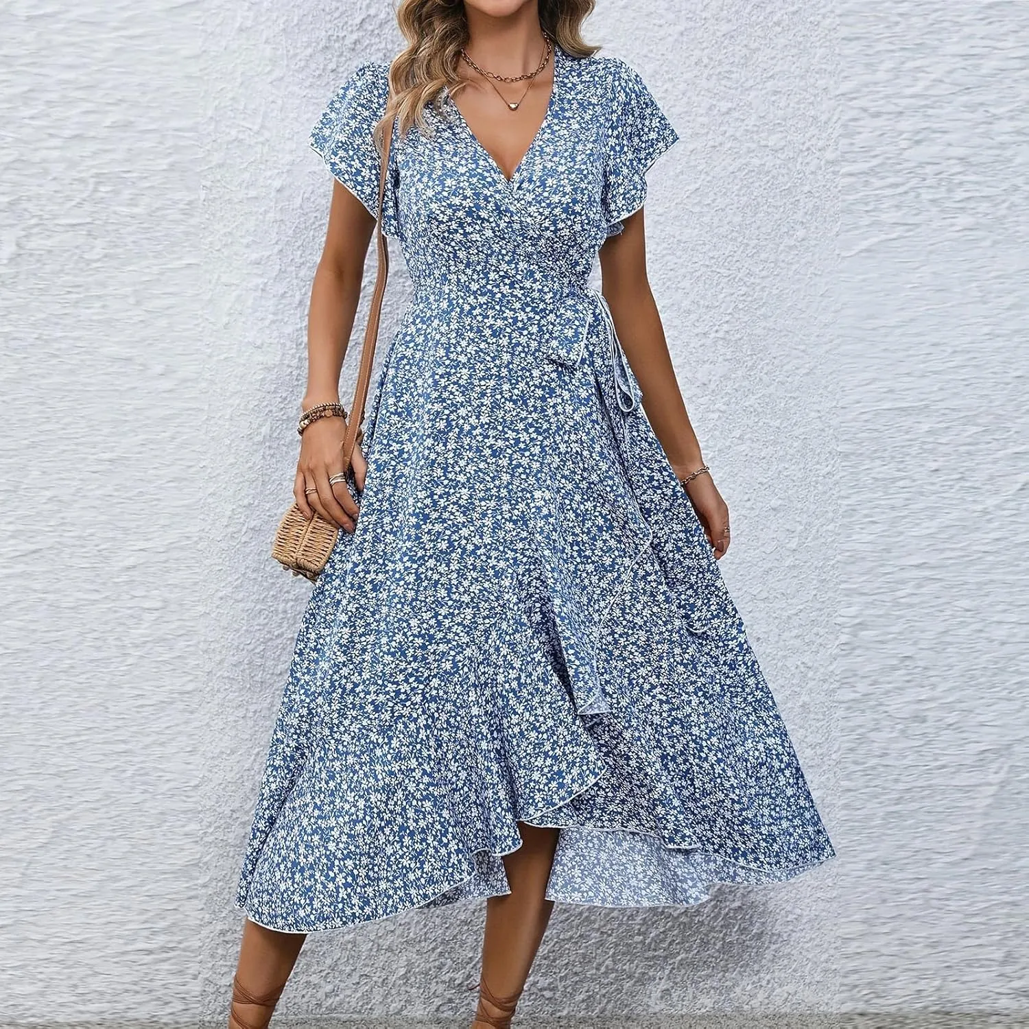 Summer Floral Dresses for Women 2025 Midi Wrap Dress Tie Waist Ruffle Hem V Neck Flutter Short Sleeve Beach Dresses