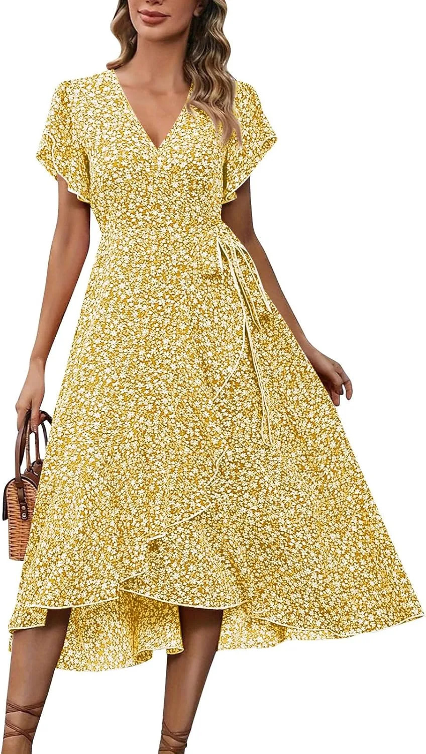 Summer Floral Dresses for Women 2025 Midi Wrap Dress Tie Waist Ruffle Hem V Neck Flutter Short Sleeve Beach Dresses