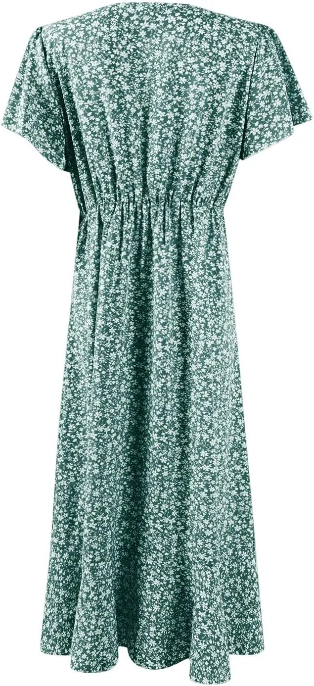 Summer Floral Dresses for Women 2025 Midi Wrap Dress Tie Waist Ruffle Hem V Neck Flutter Short Sleeve Beach Dresses