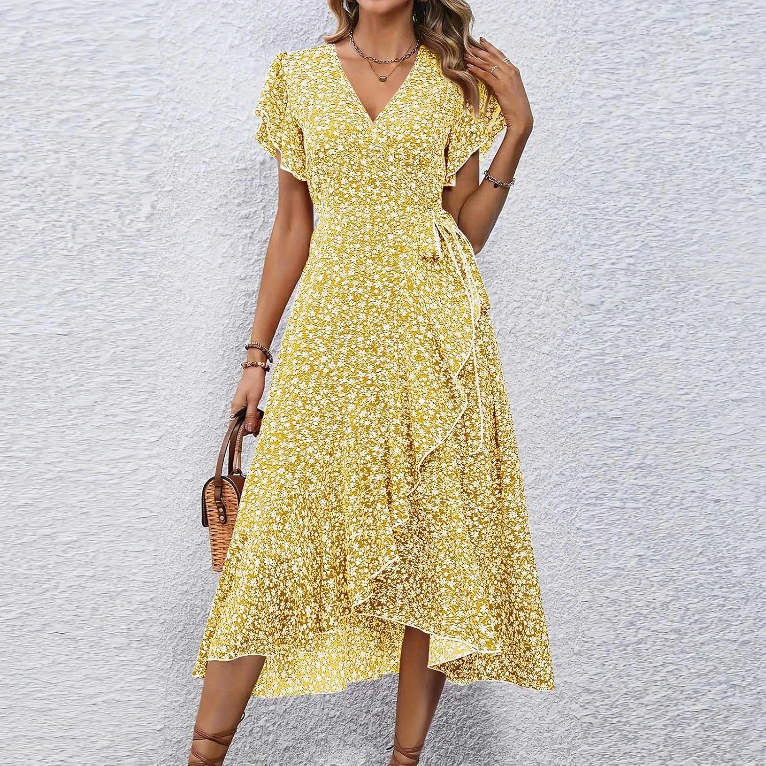 Summer Floral Dresses for Women 2025 Midi Wrap Dress Tie Waist Ruffle Hem V Neck Flutter Short Sleeve Beach Dresses