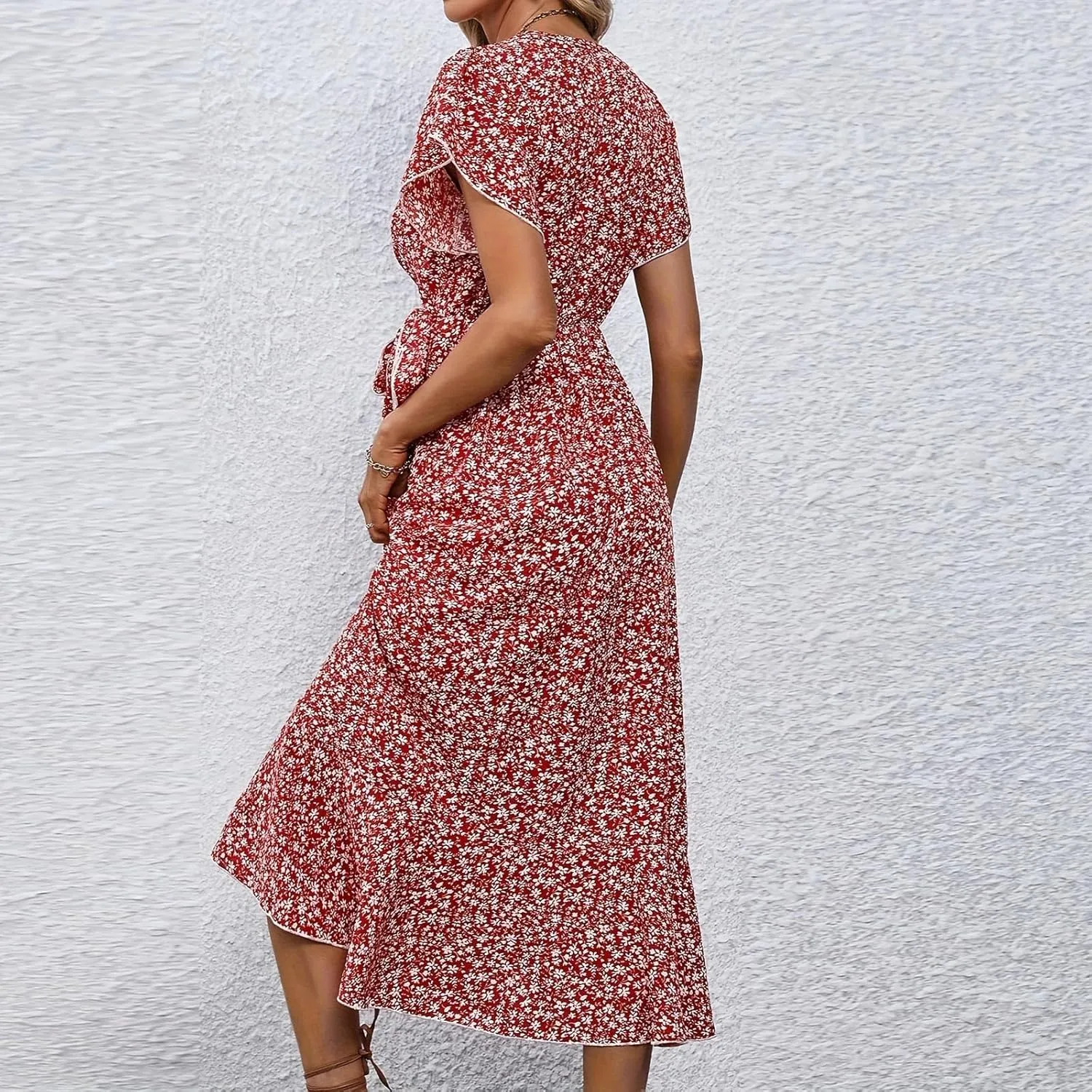 Summer Floral Dresses for Women 2025 Midi Wrap Dress Tie Waist Ruffle Hem V Neck Flutter Short Sleeve Beach Dresses