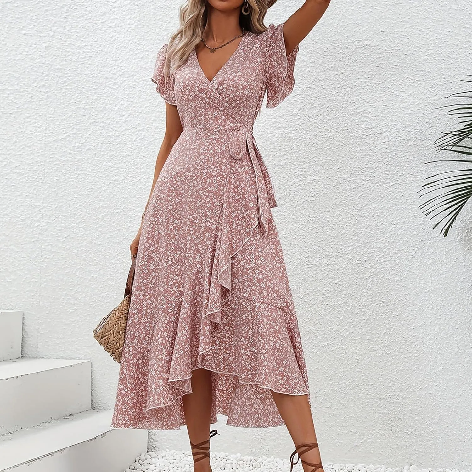 Summer Floral Dresses for Women 2025 Midi Wrap Dress Tie Waist Ruffle Hem V Neck Flutter Short Sleeve Beach Dresses