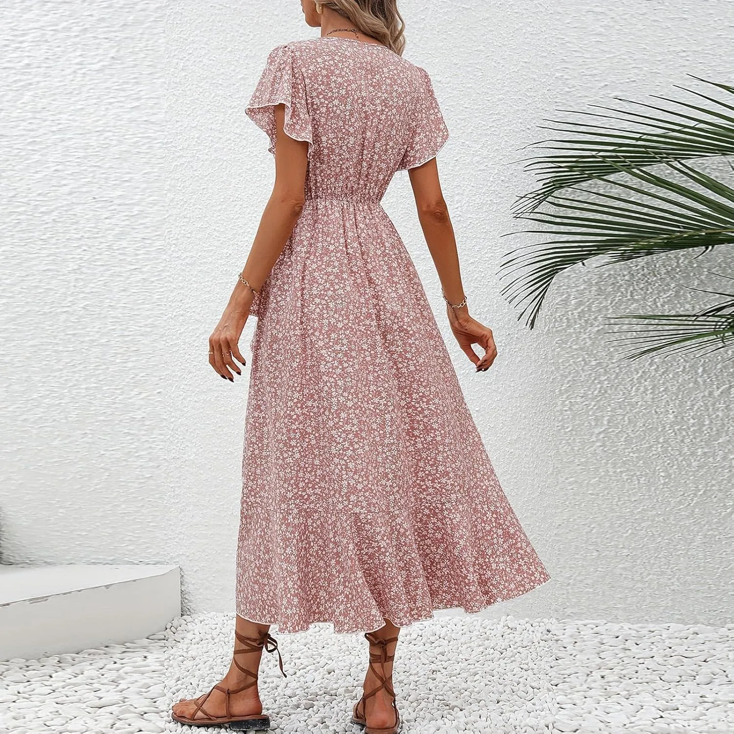 Summer Floral Dresses for Women 2025 Midi Wrap Dress Tie Waist Ruffle Hem V Neck Flutter Short Sleeve Beach Dresses