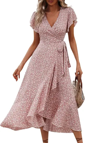 Summer Floral Dresses for Women 2025 Midi Wrap Dress Tie Waist Ruffle Hem V Neck Flutter Short Sleeve Beach Dresses