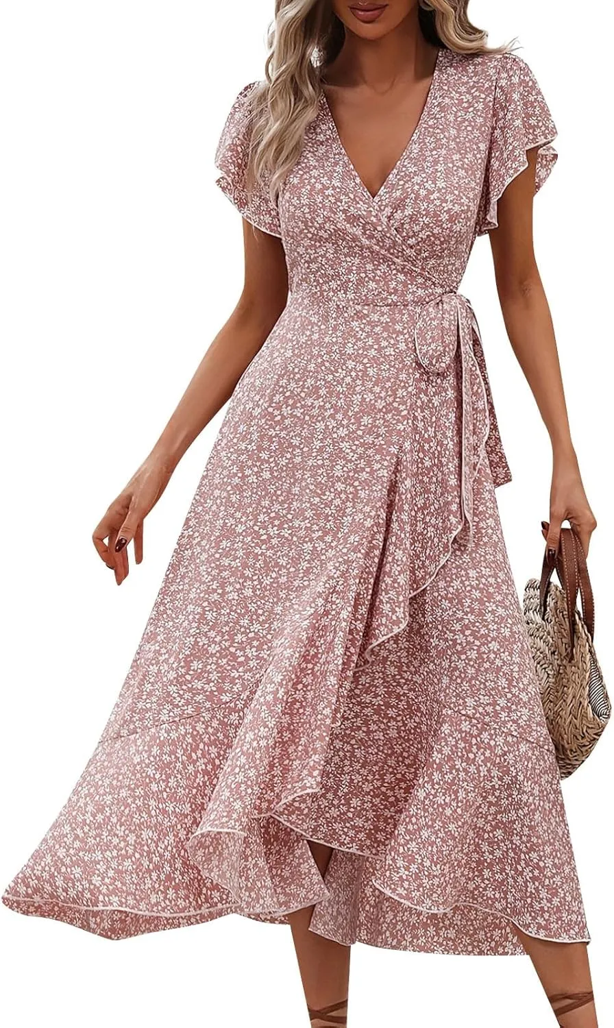 Summer Floral Dresses for Women 2025 Midi Wrap Dress Tie Waist Ruffle Hem V Neck Flutter Short Sleeve Beach Dresses