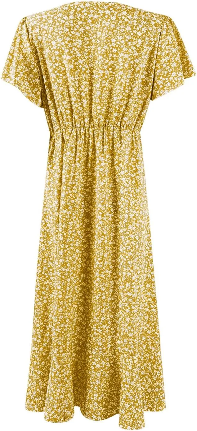 Summer Floral Dresses for Women 2025 Midi Wrap Dress Tie Waist Ruffle Hem V Neck Flutter Short Sleeve Beach Dresses