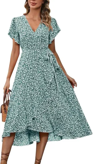 Summer Floral Dresses for Women 2025 Midi Wrap Dress Tie Waist Ruffle Hem V Neck Flutter Short Sleeve Beach Dresses