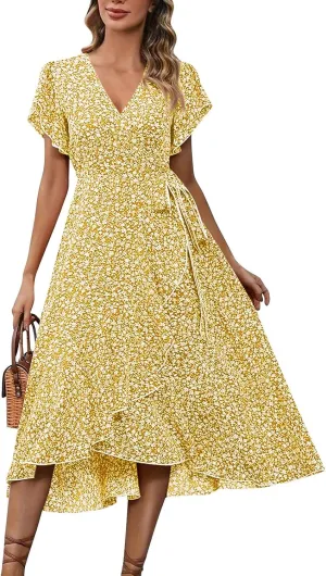 Summer Floral Dresses for Women 2025 Midi Wrap Dress Tie Waist Ruffle Hem V Neck Flutter Short Sleeve Beach Dresses