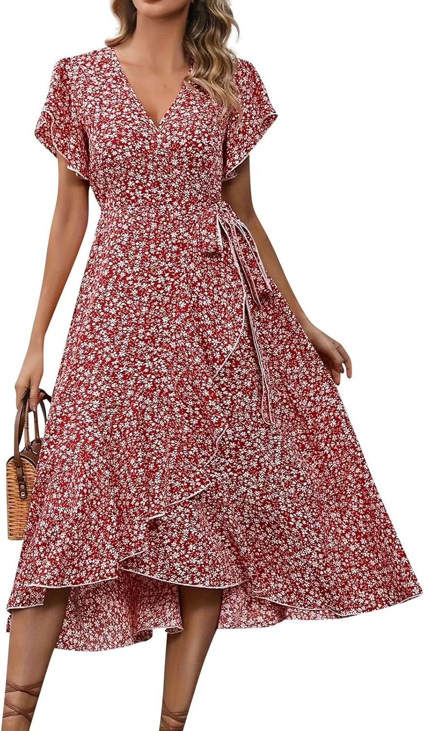 Summer Floral Dresses for Women 2025 Midi Wrap Dress Tie Waist Ruffle Hem V Neck Flutter Short Sleeve Beach Dresses