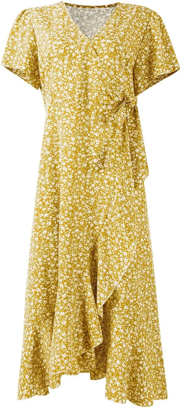 Summer Floral Dresses for Women 2025 Midi Wrap Dress Tie Waist Ruffle Hem V Neck Flutter Short Sleeve Beach Dresses