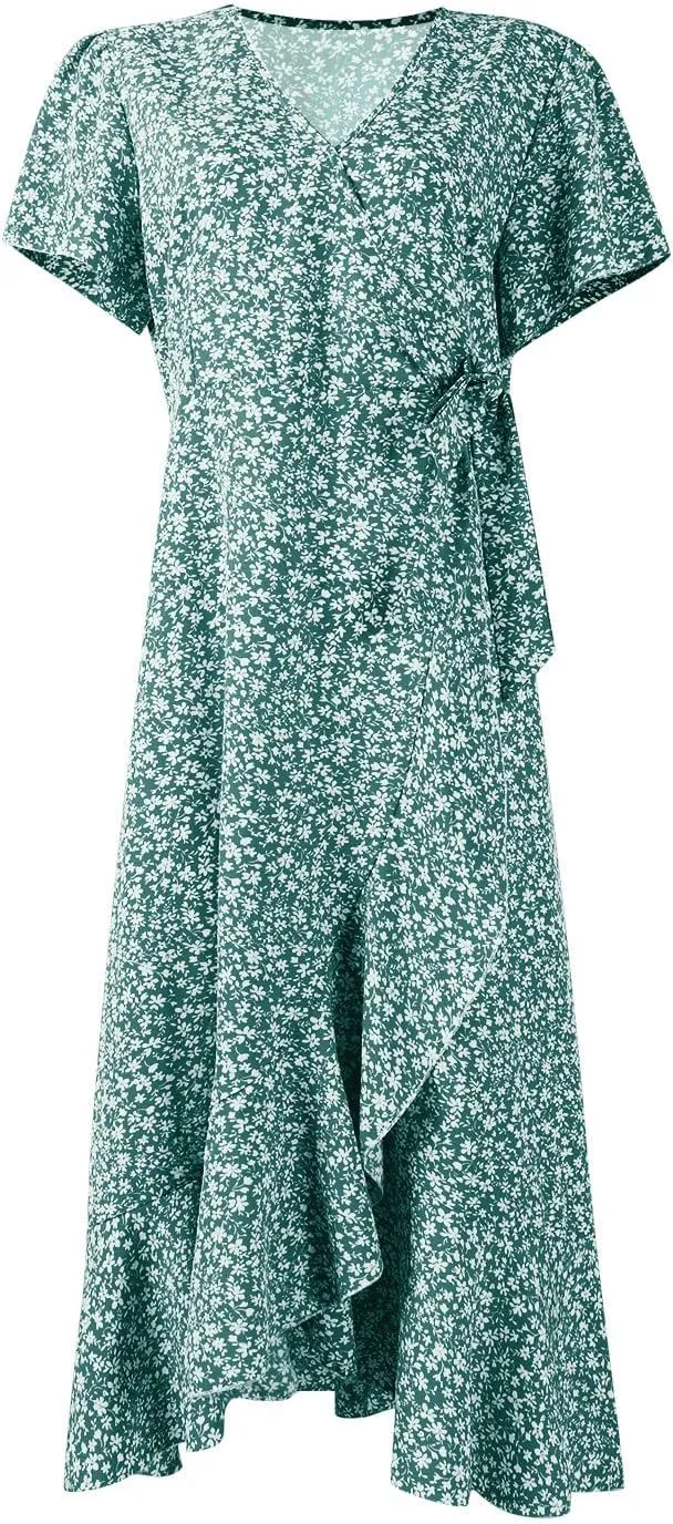 Summer Floral Dresses for Women 2025 Midi Wrap Dress Tie Waist Ruffle Hem V Neck Flutter Short Sleeve Beach Dresses