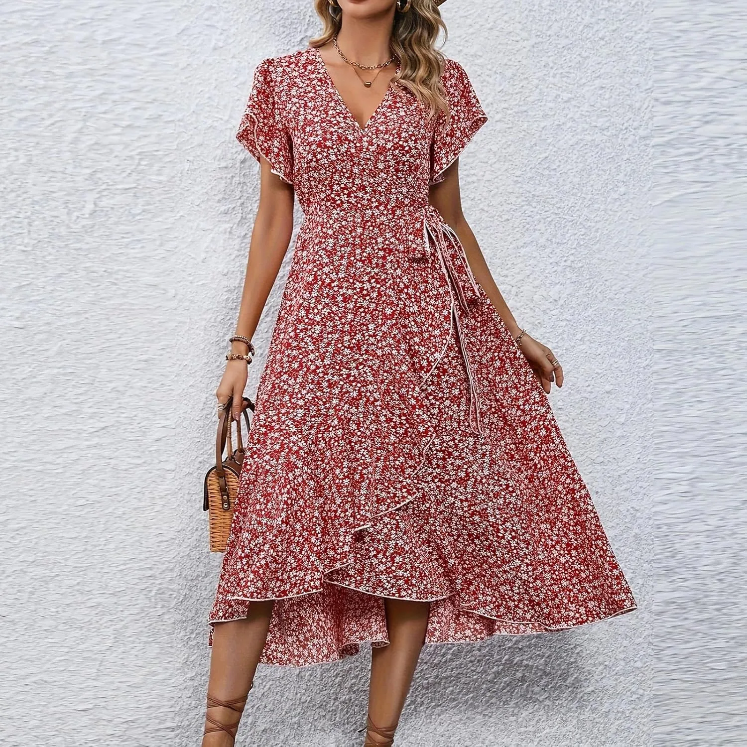 Summer Floral Dresses for Women 2025 Midi Wrap Dress Tie Waist Ruffle Hem V Neck Flutter Short Sleeve Beach Dresses