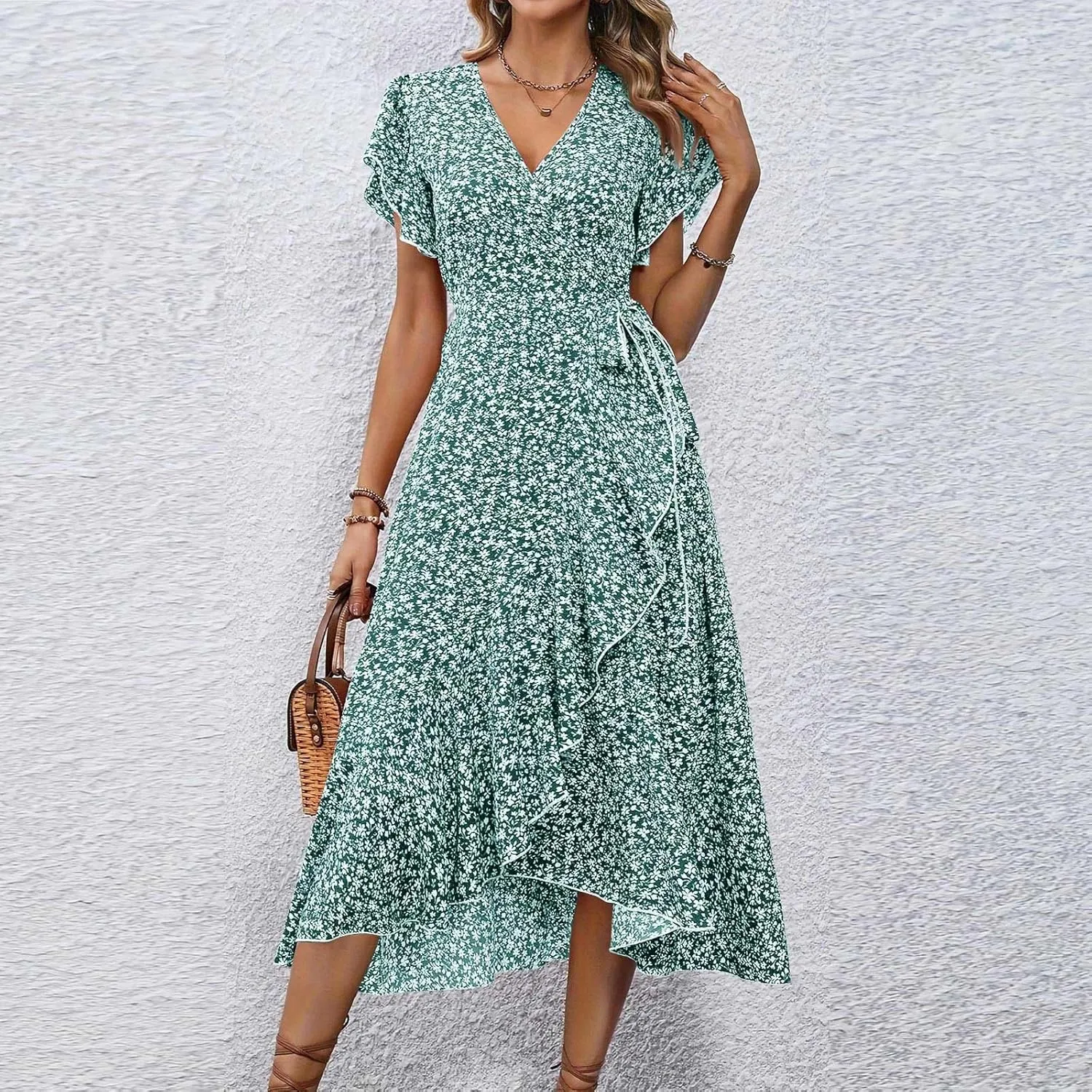 Summer Floral Dresses for Women 2025 Midi Wrap Dress Tie Waist Ruffle Hem V Neck Flutter Short Sleeve Beach Dresses
