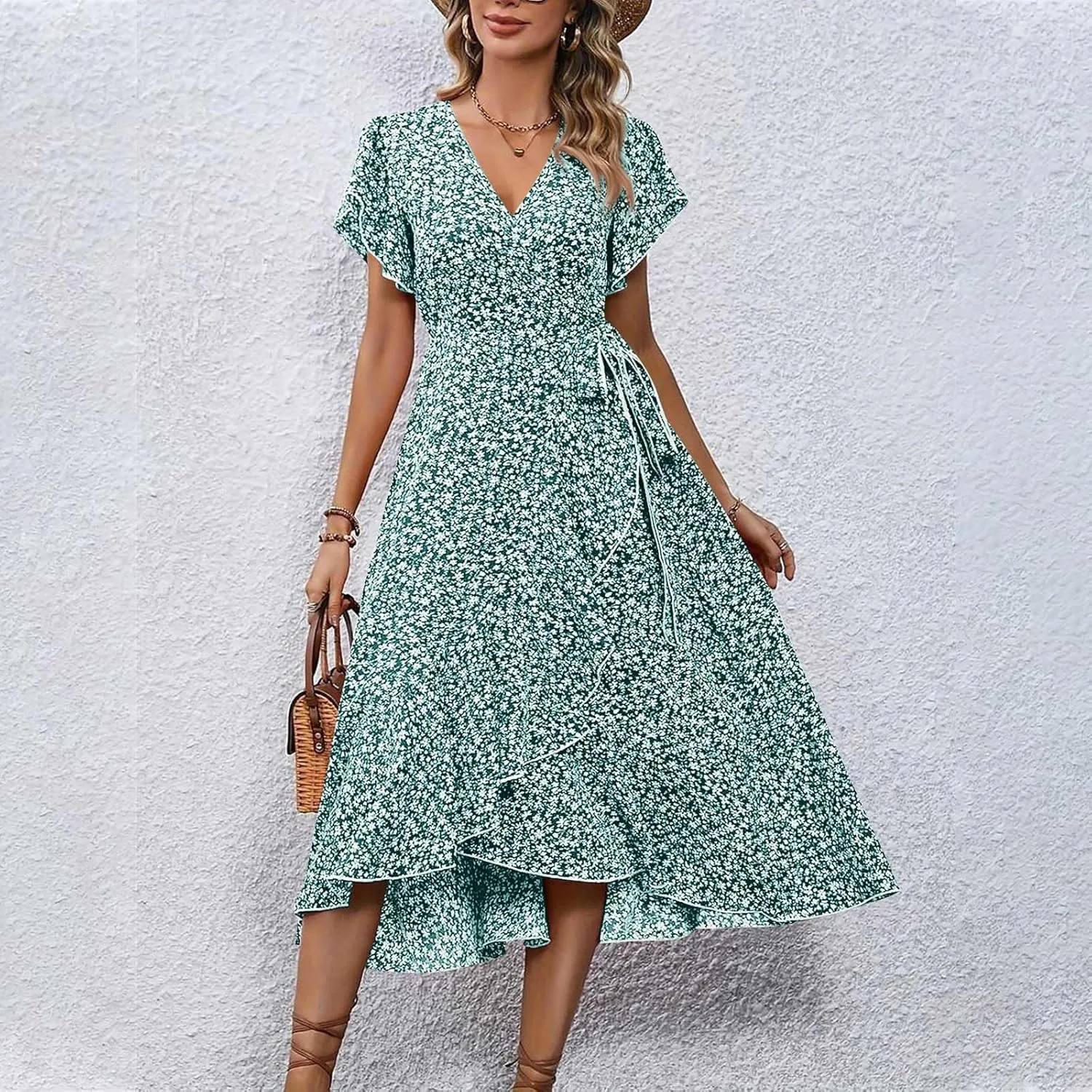 Summer Floral Dresses for Women 2025 Midi Wrap Dress Tie Waist Ruffle Hem V Neck Flutter Short Sleeve Beach Dresses