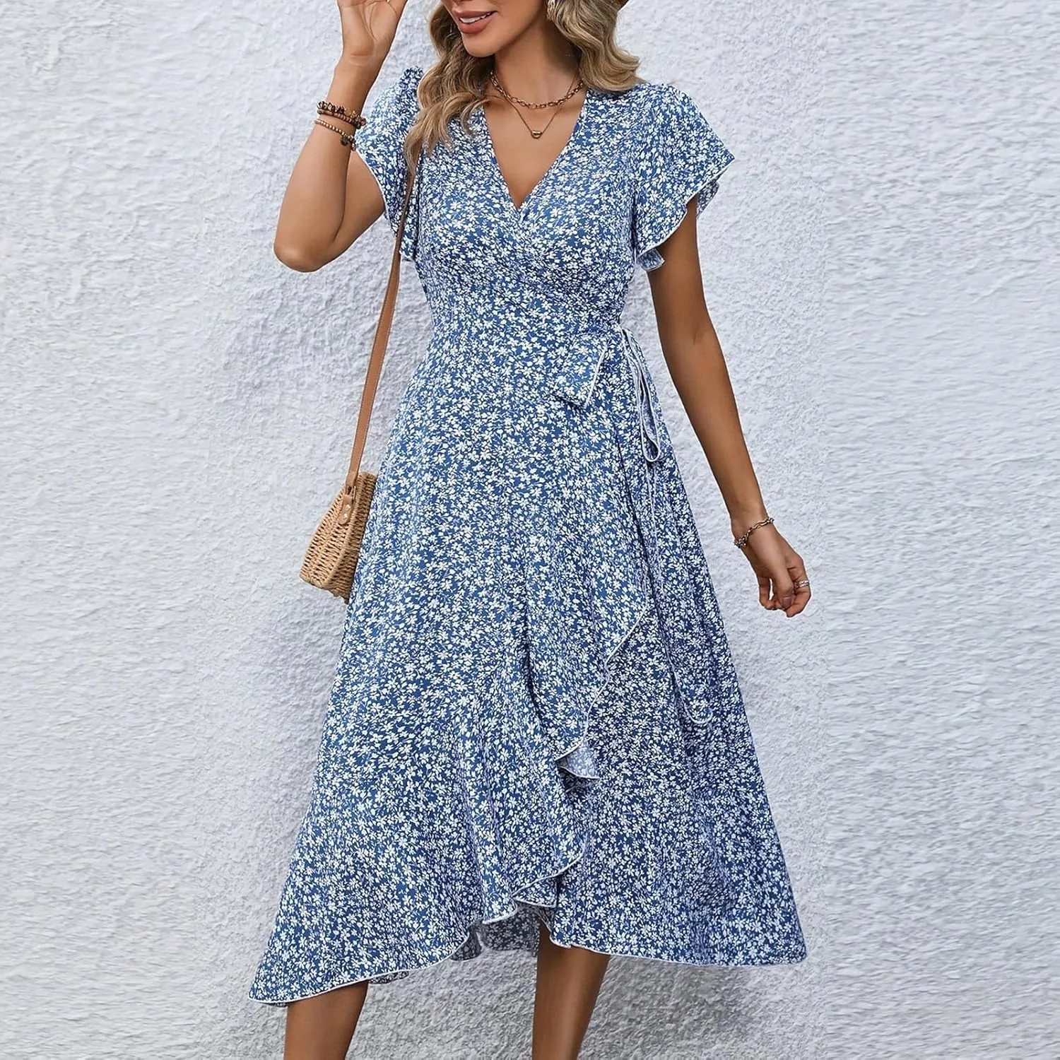 Summer Floral Dresses for Women 2025 Midi Wrap Dress Tie Waist Ruffle Hem V Neck Flutter Short Sleeve Beach Dresses