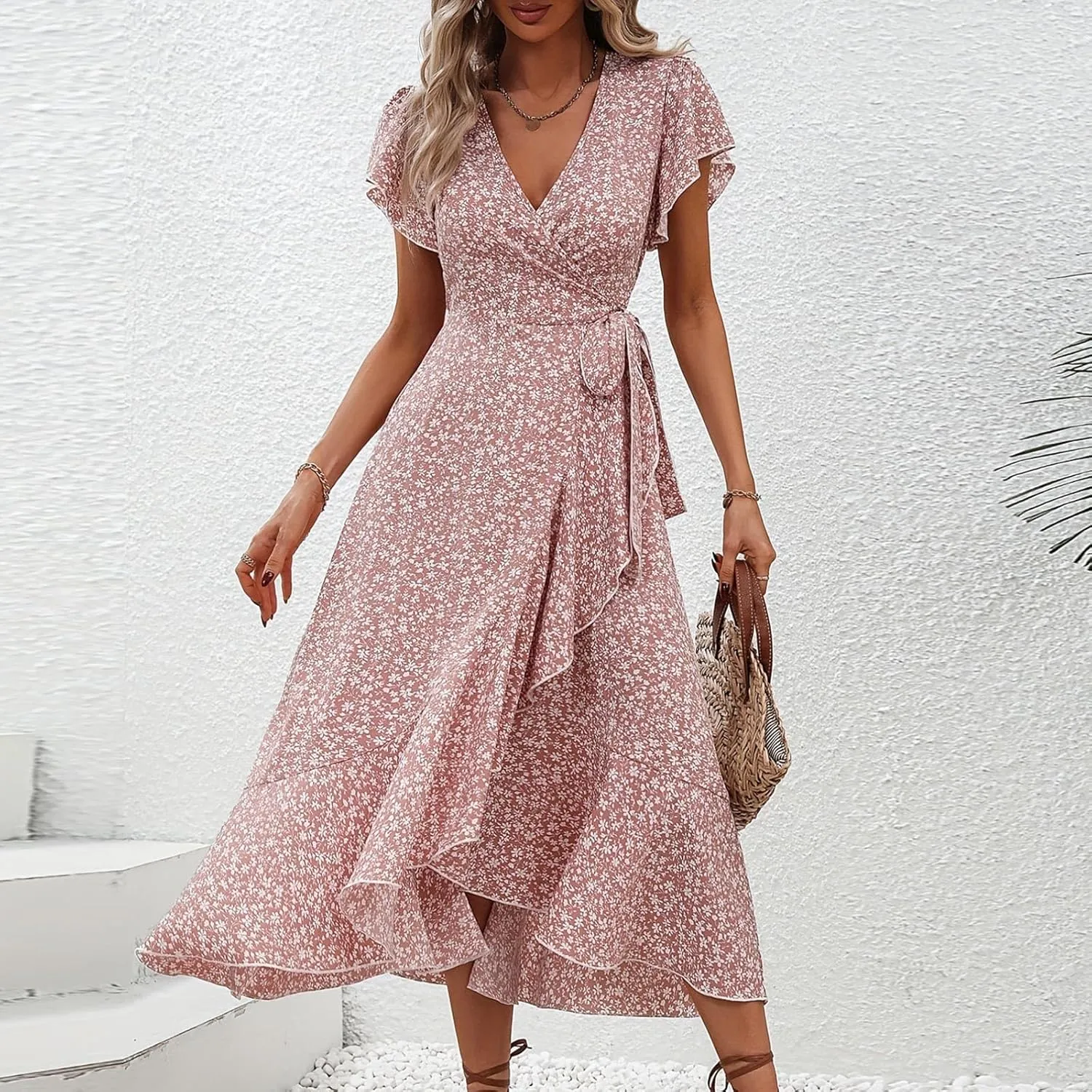 Summer Floral Dresses for Women 2025 Midi Wrap Dress Tie Waist Ruffle Hem V Neck Flutter Short Sleeve Beach Dresses