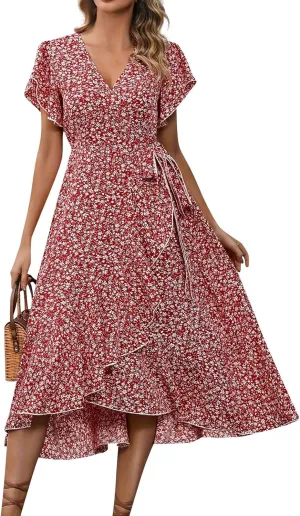 Summer Floral Dresses for Women 2025 Midi Wrap Dress V Neck Flutter Short Sleeve Tie Waist Ruffle Hem Beach Dresses