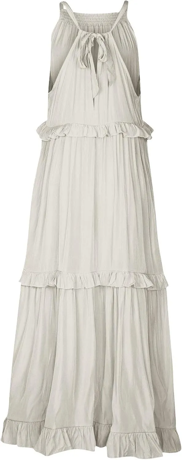 Summer Maxi Dresses for Women 2025 Smocked Halter Tiered Ruffle Flowy Dress Beach Wedding Guest Dress with Pockets