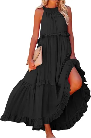 Summer Maxi Dresses for Women 2025 Smocked Halter Tiered Ruffle Flowy Dress Beach Wedding Guest Dress with Pockets
