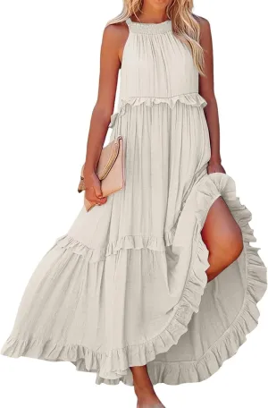 Summer Maxi Dresses for Women 2025 Smocked Halter Tiered Ruffle Flowy Dress Beach Wedding Guest Dress with Pockets