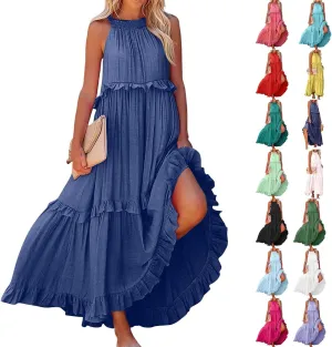 Summer Maxi Dresses for Women 2025 Smocked Halter Tiered Ruffle Flowy Dress Beach Wedding Guest Dress with Pockets