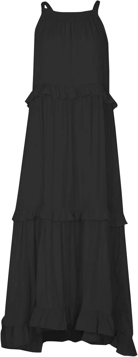 Summer Maxi Dresses for Women 2025 Smocked Halter Tiered Ruffle Flowy Dress Beach Wedding Guest Dress with Pockets