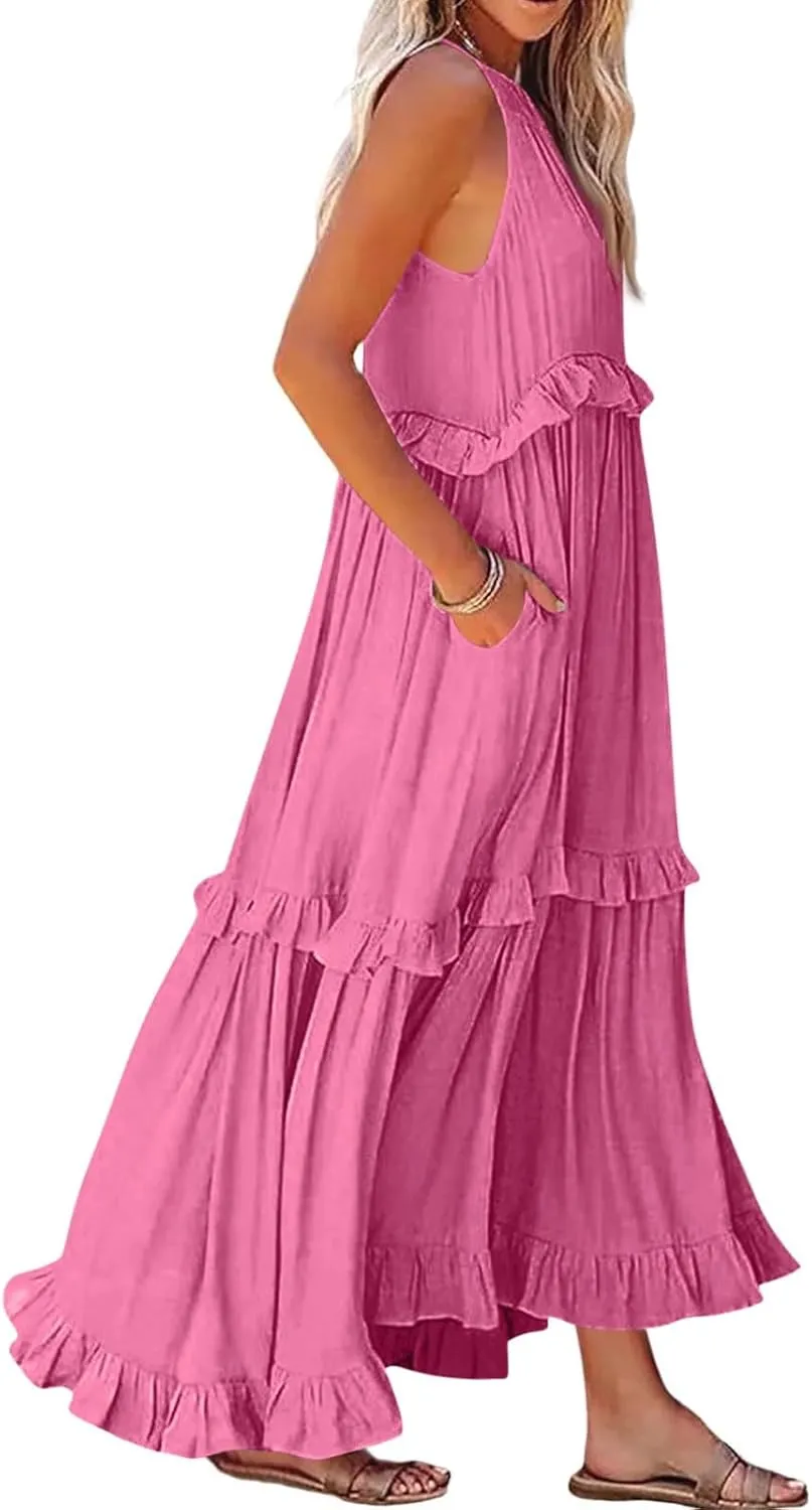 Summer Maxi Dresses for Women 2025 Smocked Halter Tiered Ruffle Flowy Dress Beach Wedding Guest Dress with Pockets