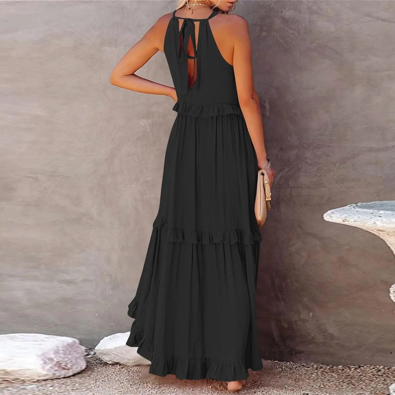 Summer Maxi Dresses for Women 2025 Smocked Halter Tiered Ruffle Flowy Dress Beach Wedding Guest Dress with Pockets