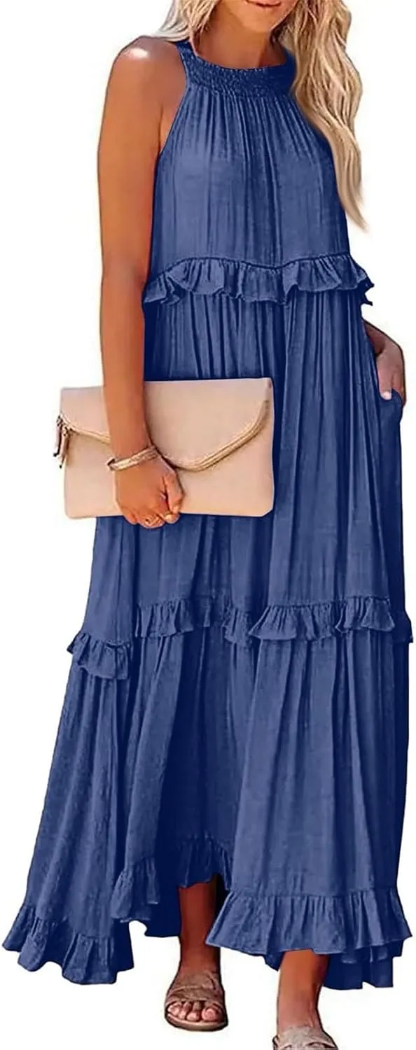 Summer Maxi Dresses for Women 2025 Smocked Halter Tiered Ruffle Flowy Dress Beach Wedding Guest Dress with Pockets