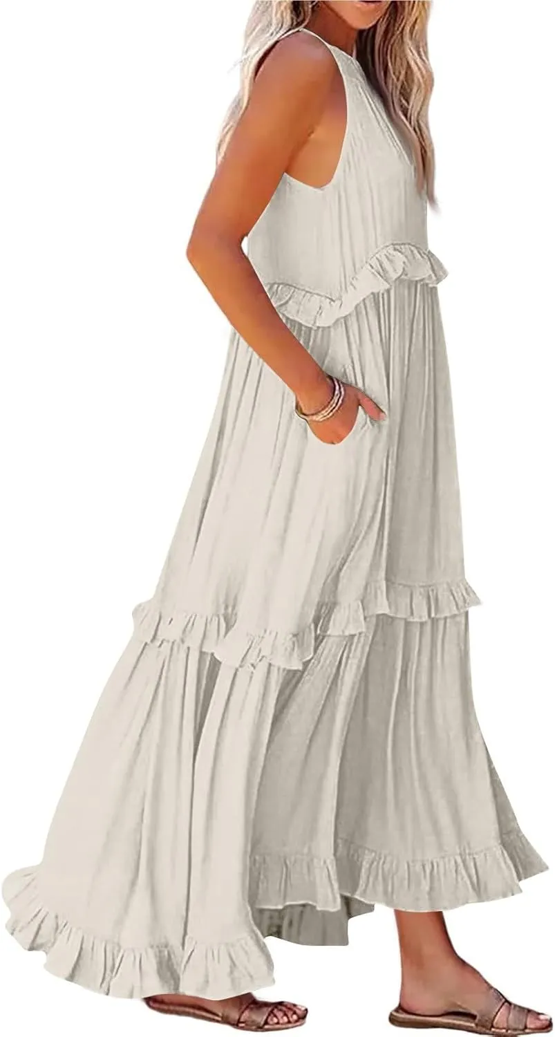 Summer Maxi Dresses for Women 2025 Smocked Halter Tiered Ruffle Flowy Dress Beach Wedding Guest Dress with Pockets