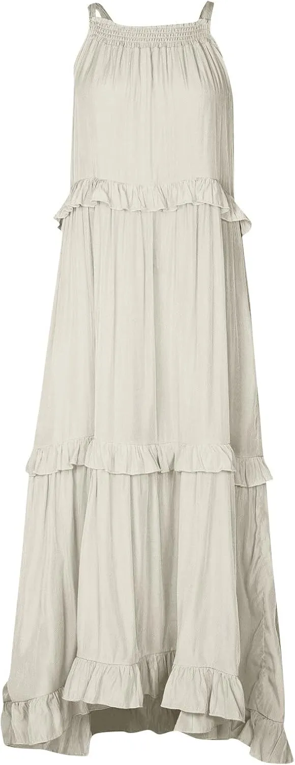 Summer Maxi Dresses for Women 2025 Smocked Halter Tiered Ruffle Flowy Dress Beach Wedding Guest Dress with Pockets